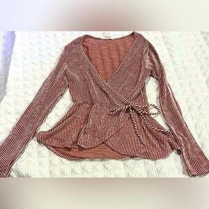 Caution to the wind striped Faux long sleeve wrap top